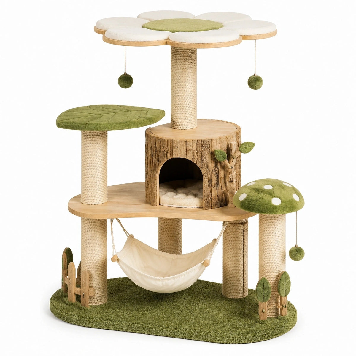 Arbre à chat en bois, sisal et tissu beige, vert et naturel, 120 × 60 × 150 cm, style végétal