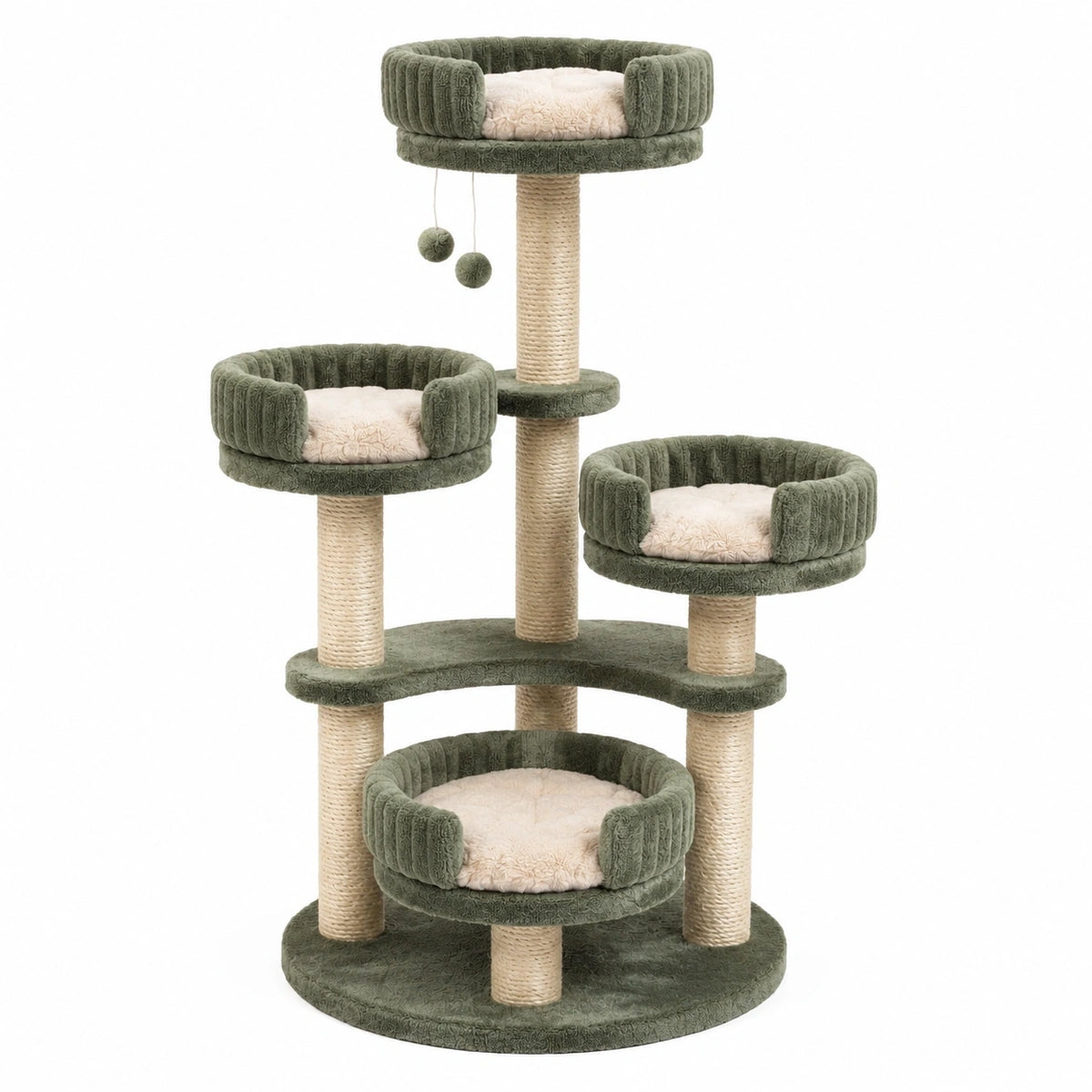 Arbre à chat vert olive et beige 98 × 55 × 150 cm avec 4 couchages et poteaux en sisal
