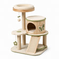 Arbre à chat en bois clair, sisal et peluche beige et vert avec niche et plateformes, 70 × 50 × 105 cm