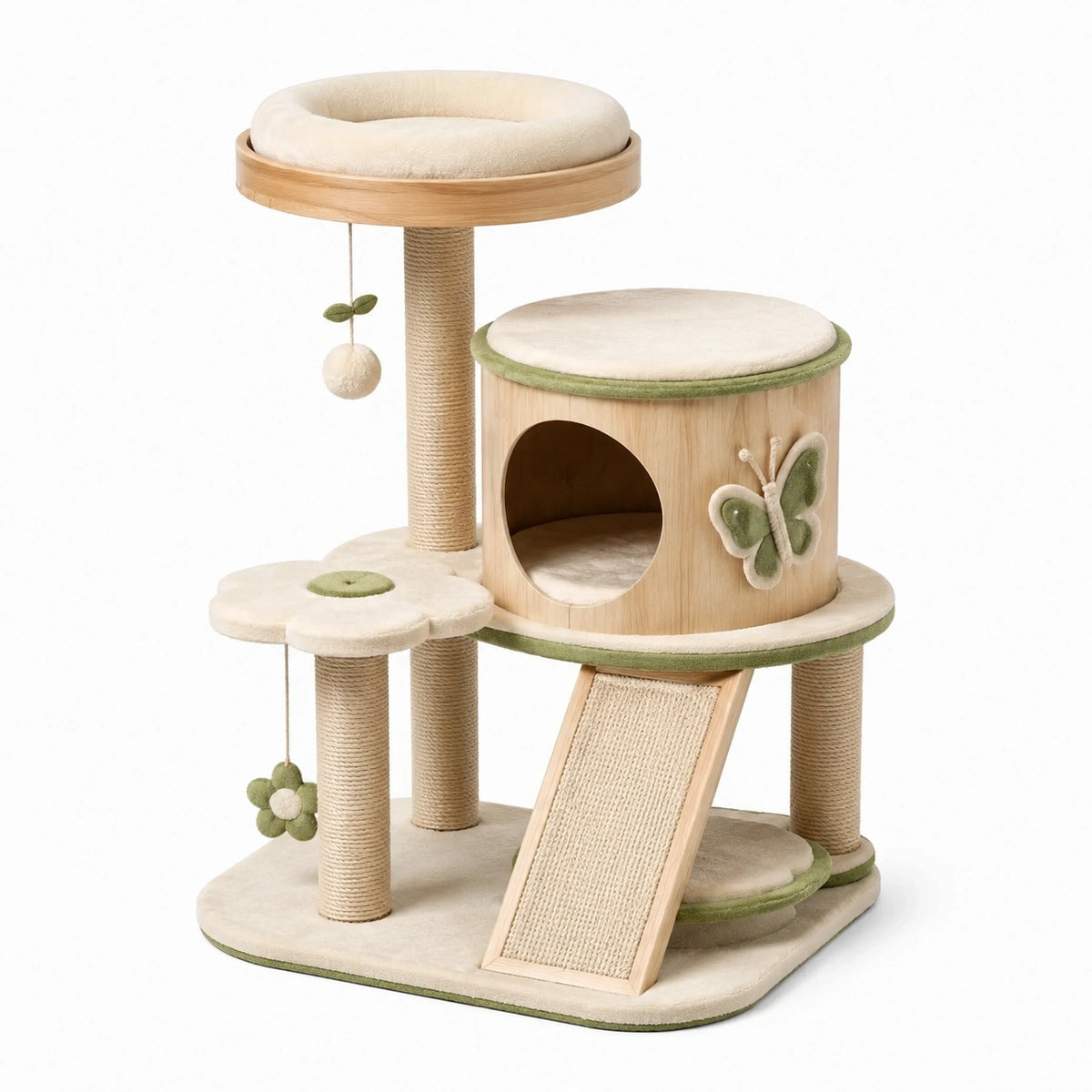 Arbre à chat en bois clair, sisal et peluche beige et vert avec niche et plateformes, 70 × 50 × 105 cm