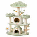 Arbre à chat multiniveau 120 × 60 × 160 cm en bois, sisal et peluche vert sauge et crème avec niches et griffoirs