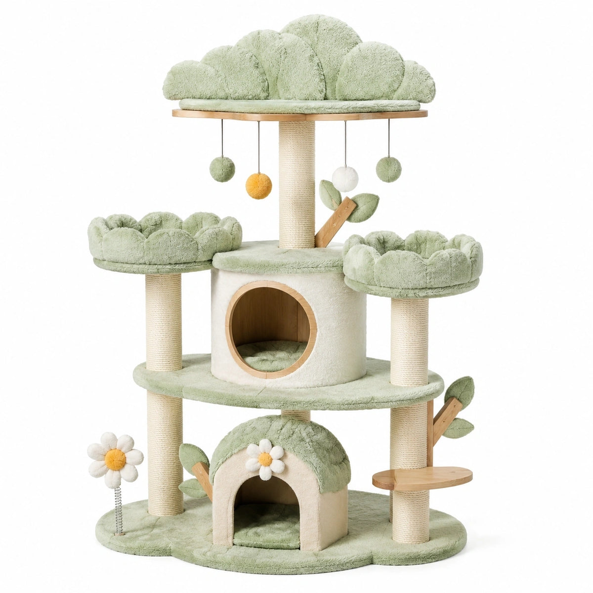 Arbre à chat multiniveau 120 × 60 × 160 cm en bois, sisal et peluche vert sauge et crème avec niches et griffoirs