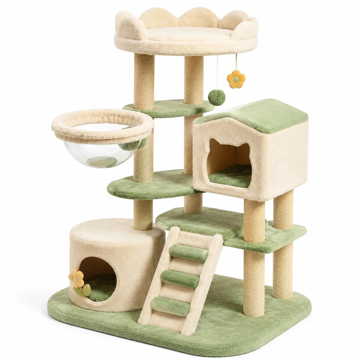 Arbre à chat 105 × 60 × 145 cm beige et vert avec 2 niches, plateformes, coupelle transparente et griffoirs en sisal