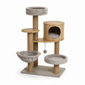 Arbre à chat en bois clair et sisal naturel 80 × 60 × 160 cm avec niche, hamac et couchages gris clair