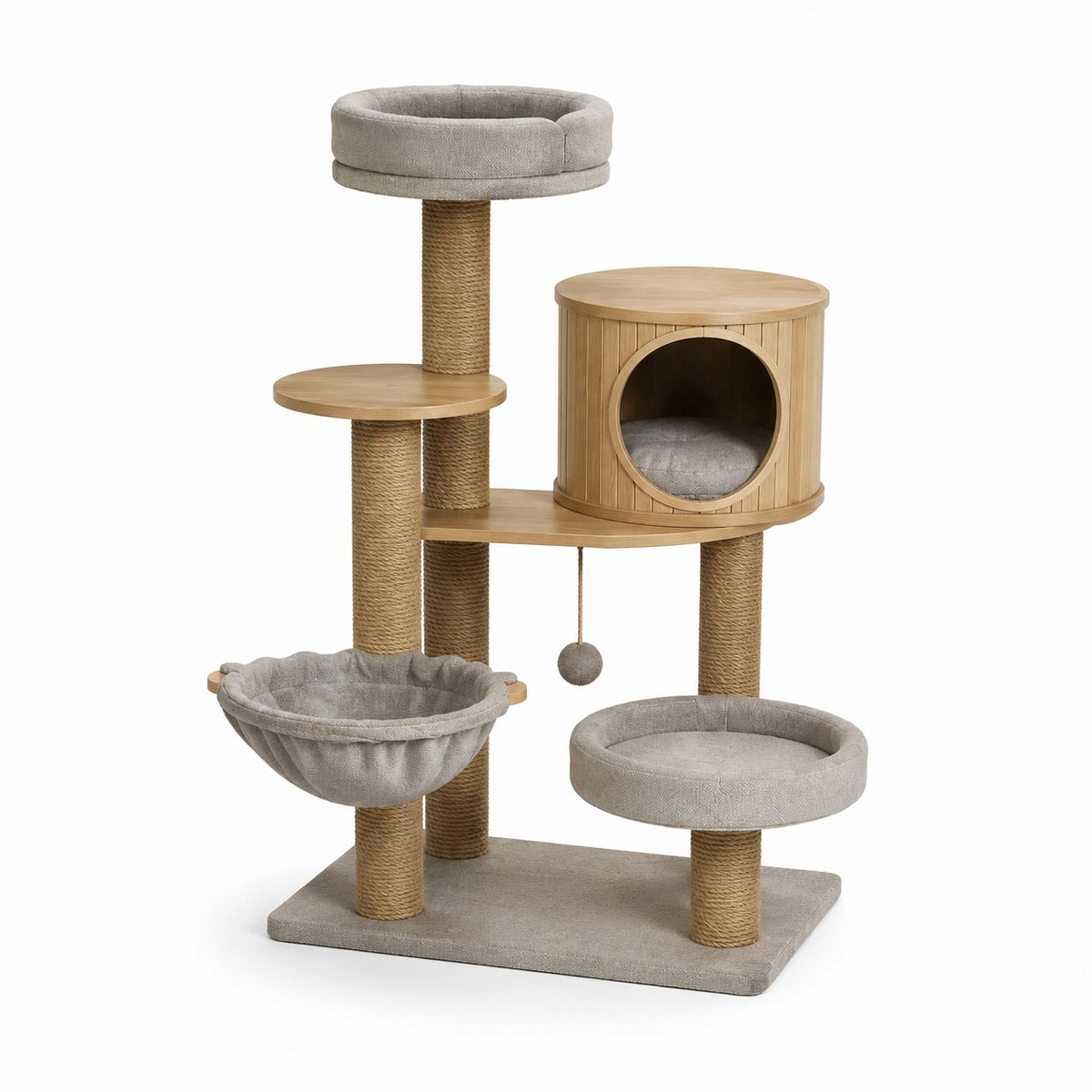 Arbre à chat en bois clair et sisal naturel 80 × 60 × 160 cm avec niche, hamac et couchages gris clair