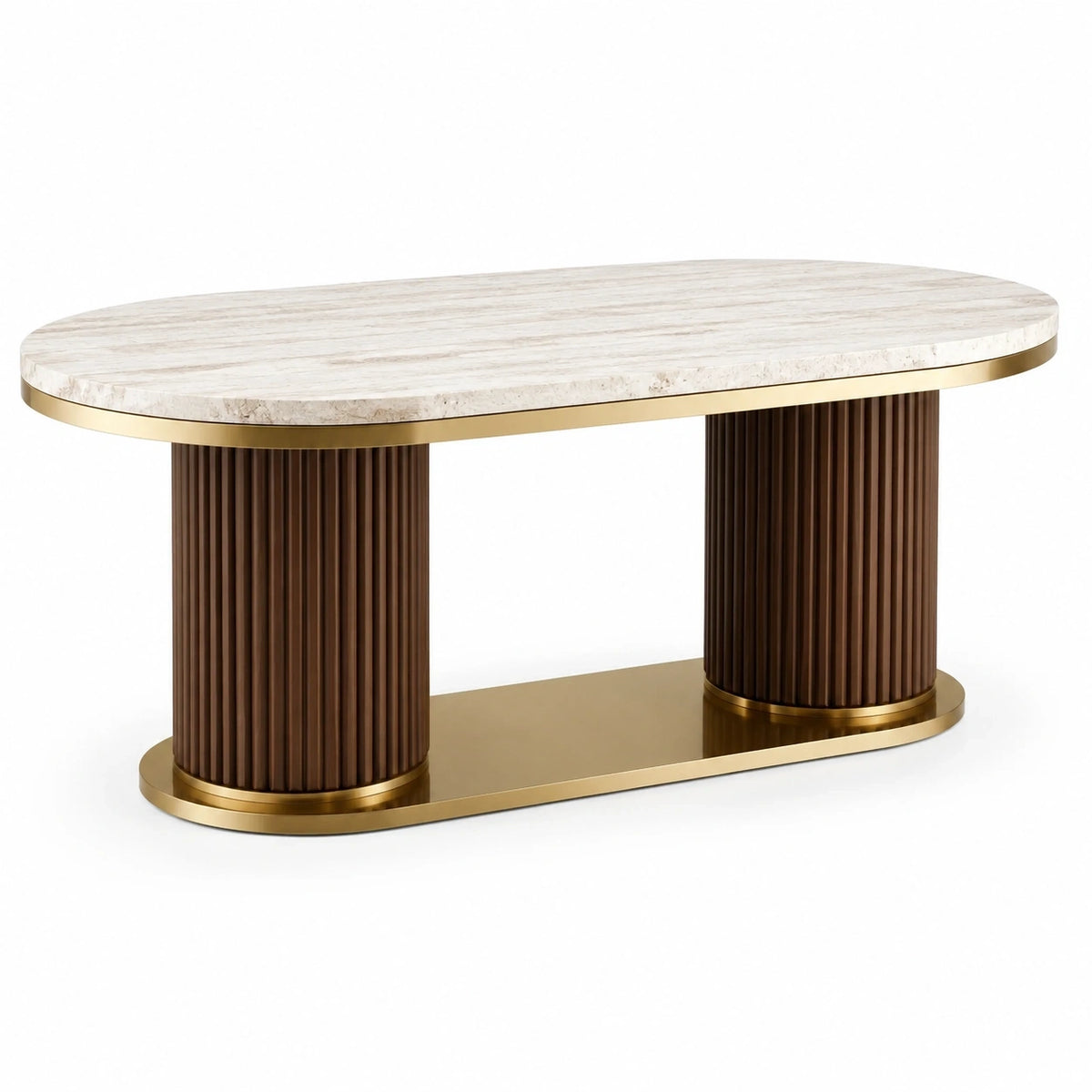 Table à manger ovale contemporaine 180 × 90 × 76 cm, effet marbre blanc, pieds cannelés marron et métal doré