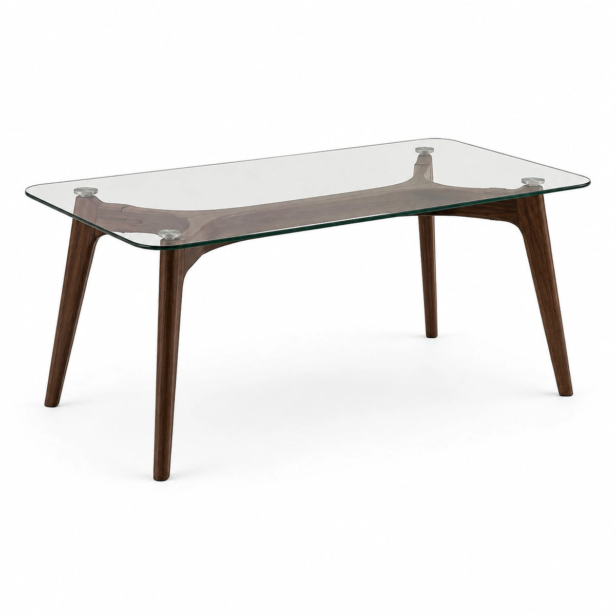 Table à manger moderne en verre transparent et bois brun, 120 × 70 × 75 cm
