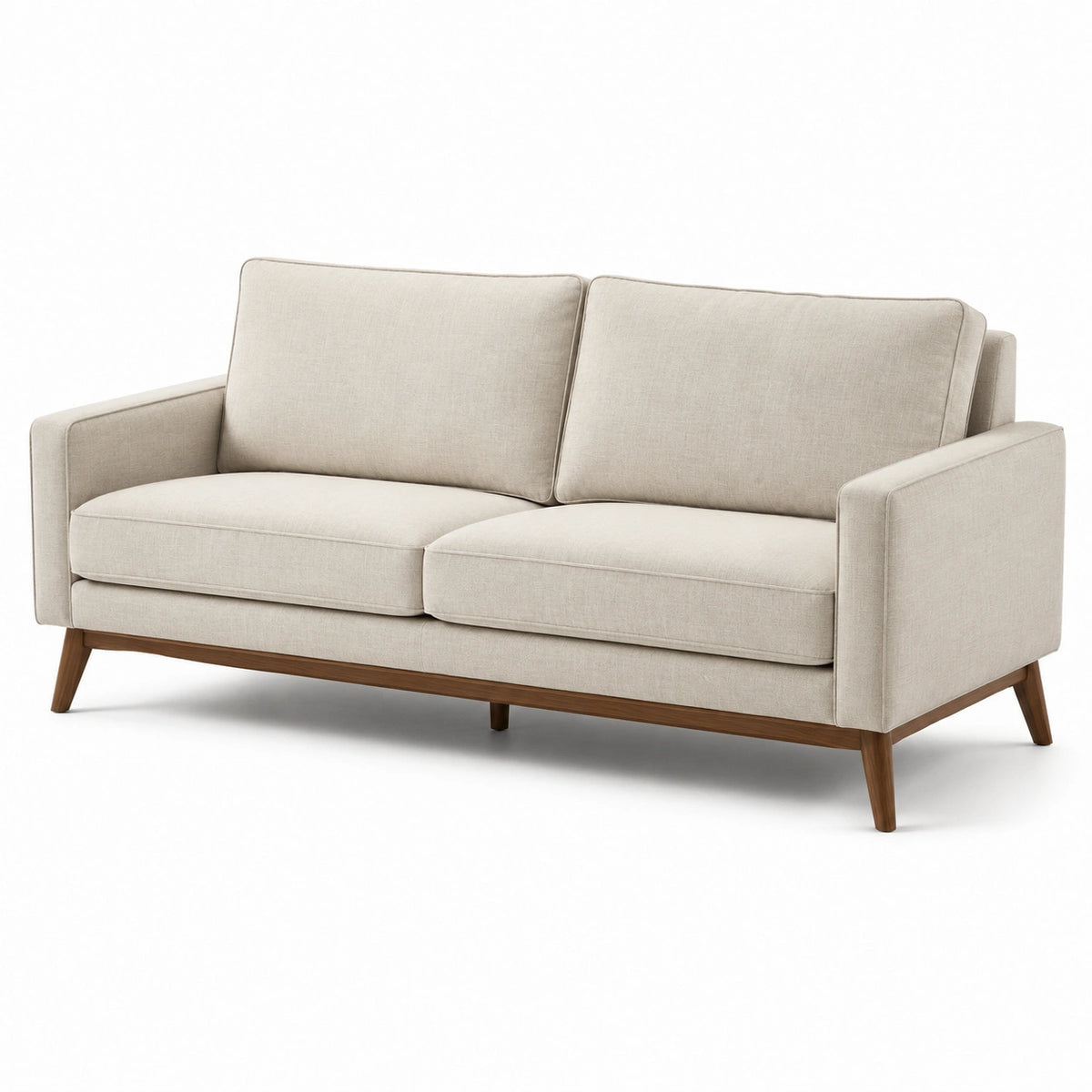 Canapé droit 3 places en tissu beige et bois brun, style scandinave, 205 × 86 × 84 cm