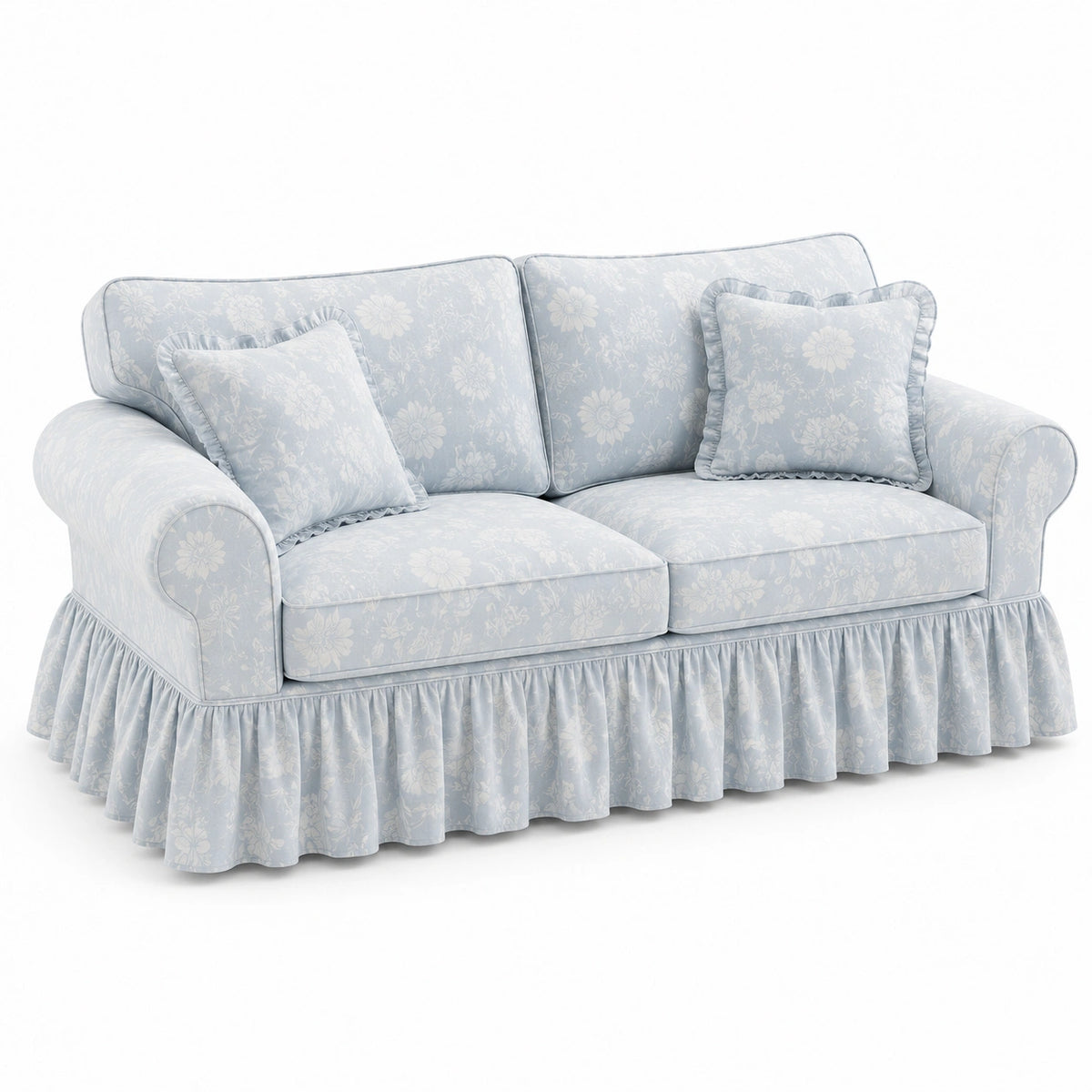 Canapé classique 3 places à motifs floraux bleu clair et blanc, 210 × 95 × 90 cm