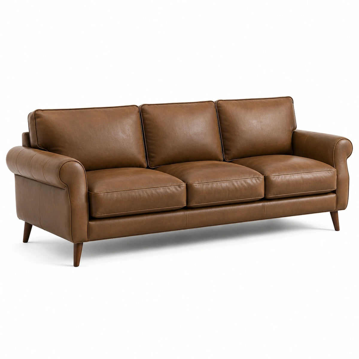 Canapé 3 places en similicuir marron camel avec accoudoirs arrondis, 215 × 88 × 86 cm