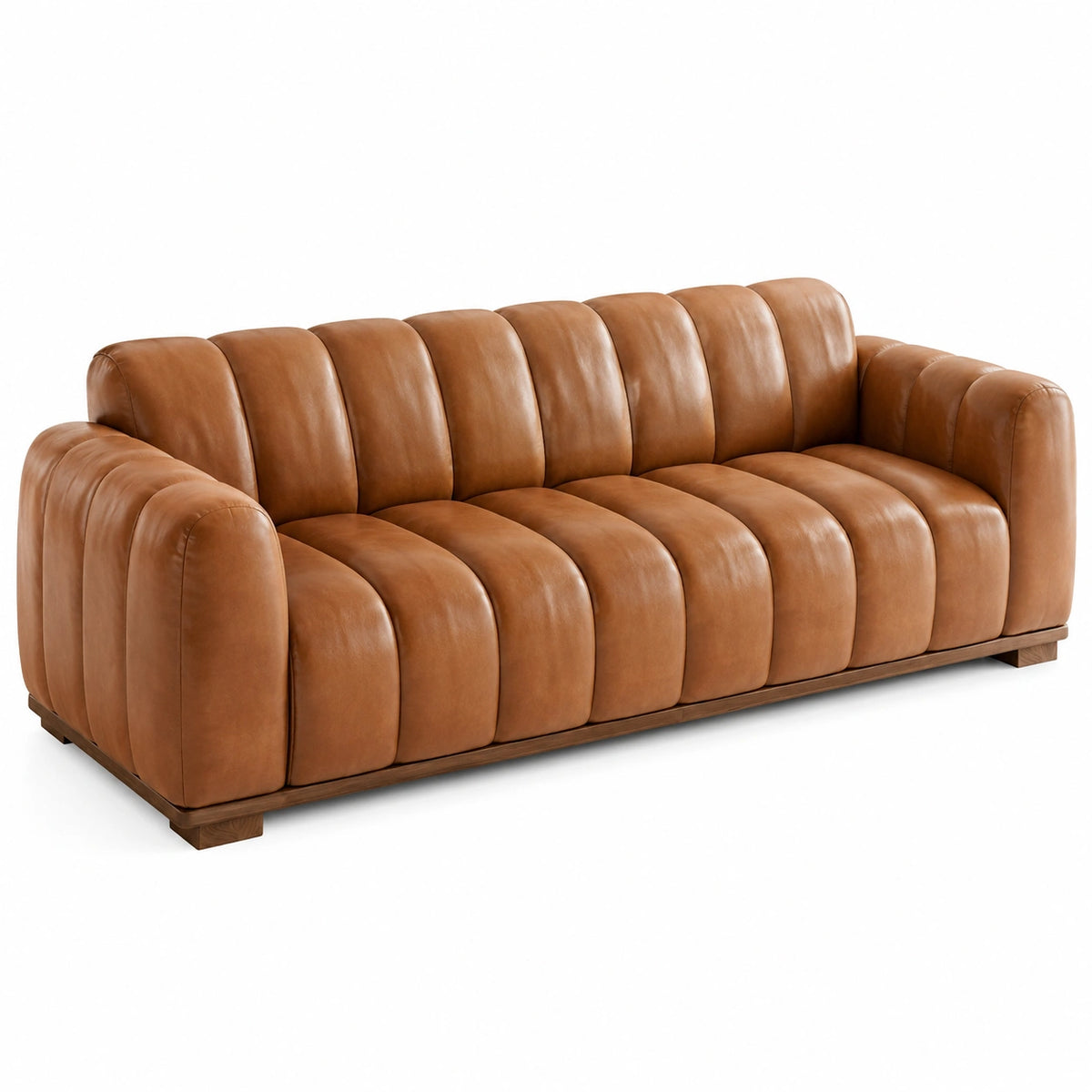 Canapé moderne 3 places capitonné, revêtement aspect cuir cognac et socle marron, 230 × 95 × 79 cm