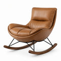 Fauteuil à bascule contemporain 102 × 96 × 90 cm, aspect cuir cognac, métal noir et bois finition noyer