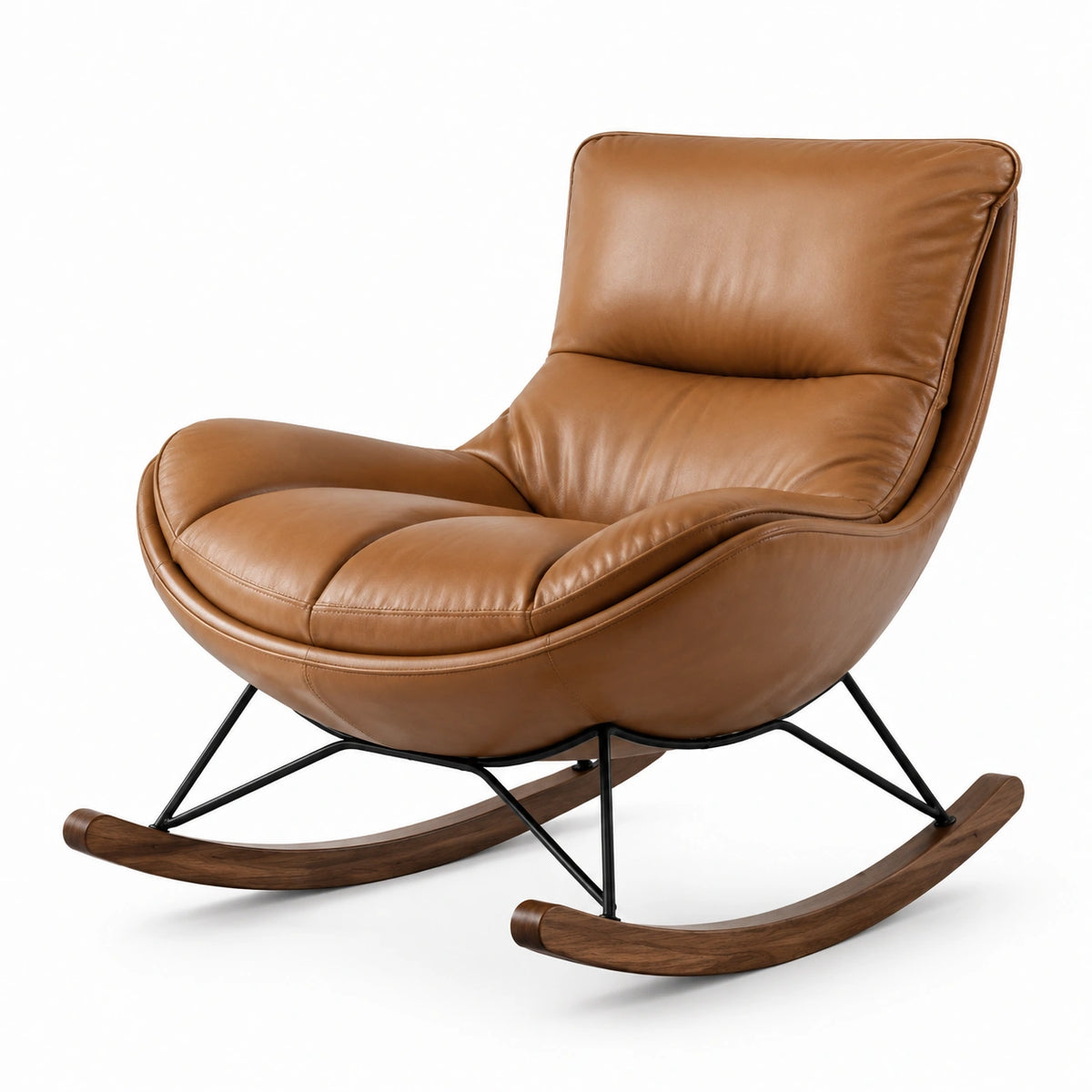 Fauteuil à bascule contemporain 102 × 96 × 90 cm, aspect cuir cognac, métal noir et bois finition noyer