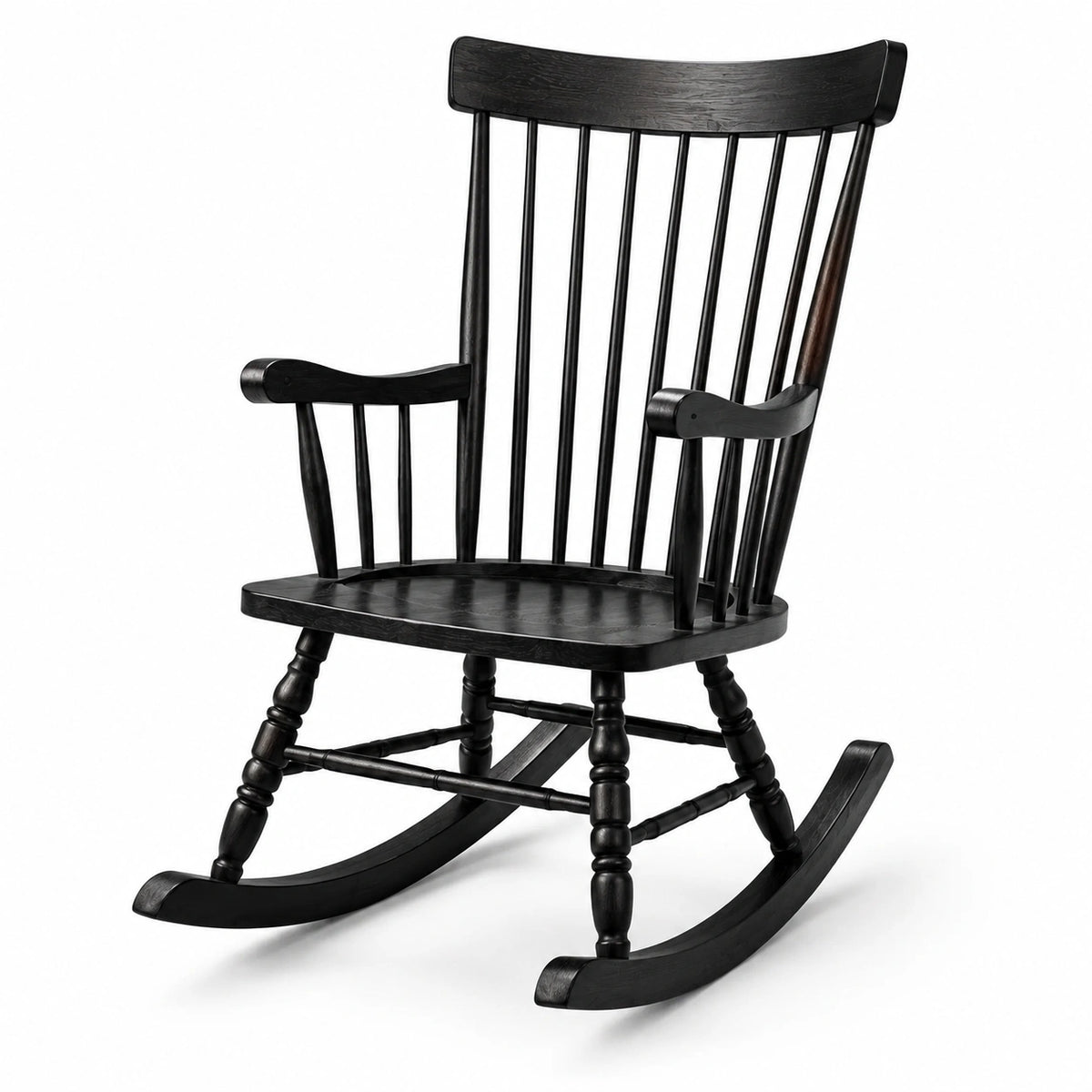 Fauteuil à bascule traditionnel en bois noir avec accoudoirs, 68 × 85 × 110 cm