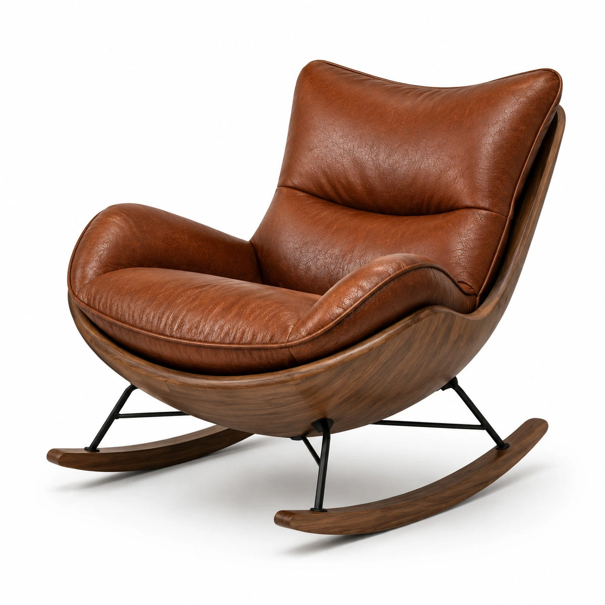 Fauteuil à bascule contemporain 92 × 96 × 88 cm, aspect cuir cognac, bois marron et structure noire