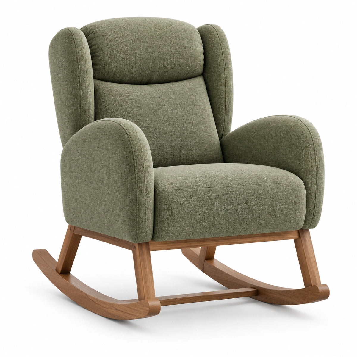 Fauteuil à bascule en tissu vert olive et bois naturel, 78 × 95 × 103 cm, style contemporain
