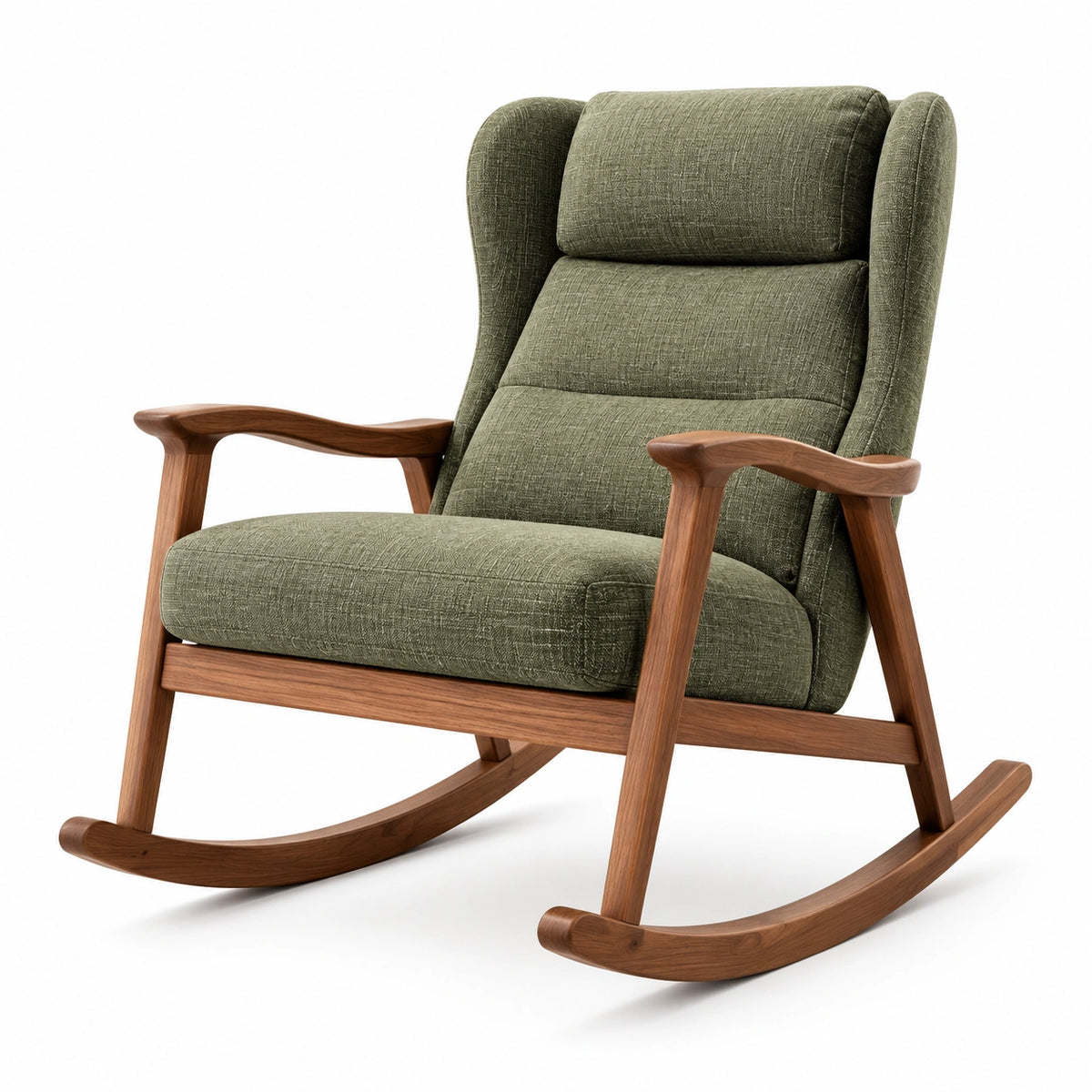 Fauteuil à bascule contemporain vert olive et marron avec dossier haut, 100 × 76 × 105 cm