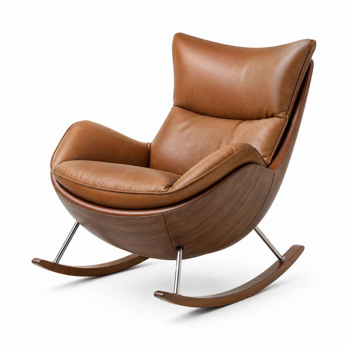 Fauteuil à bascule contemporain en bois brun et revêtement aspect cuir cognac, 90 x 100 x 100 cm