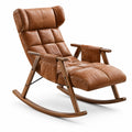 Fauteuil à bascule rétro marron en bois avec revêtement rembourré aspect cuir, 104 × 67 × 98 cm