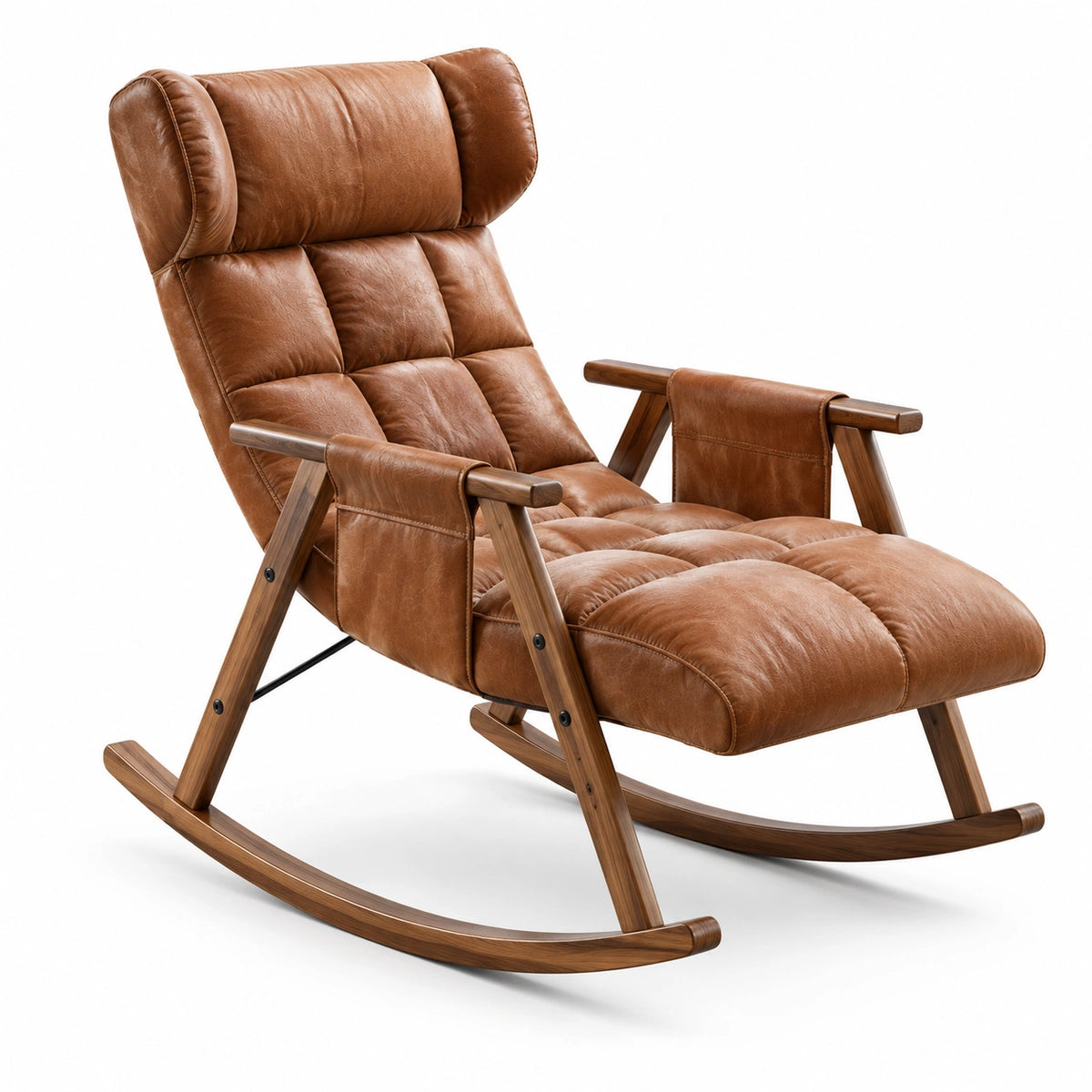 Fauteuil à bascule rétro marron en bois avec revêtement rembourré aspect cuir, 104 × 67 × 98 cm