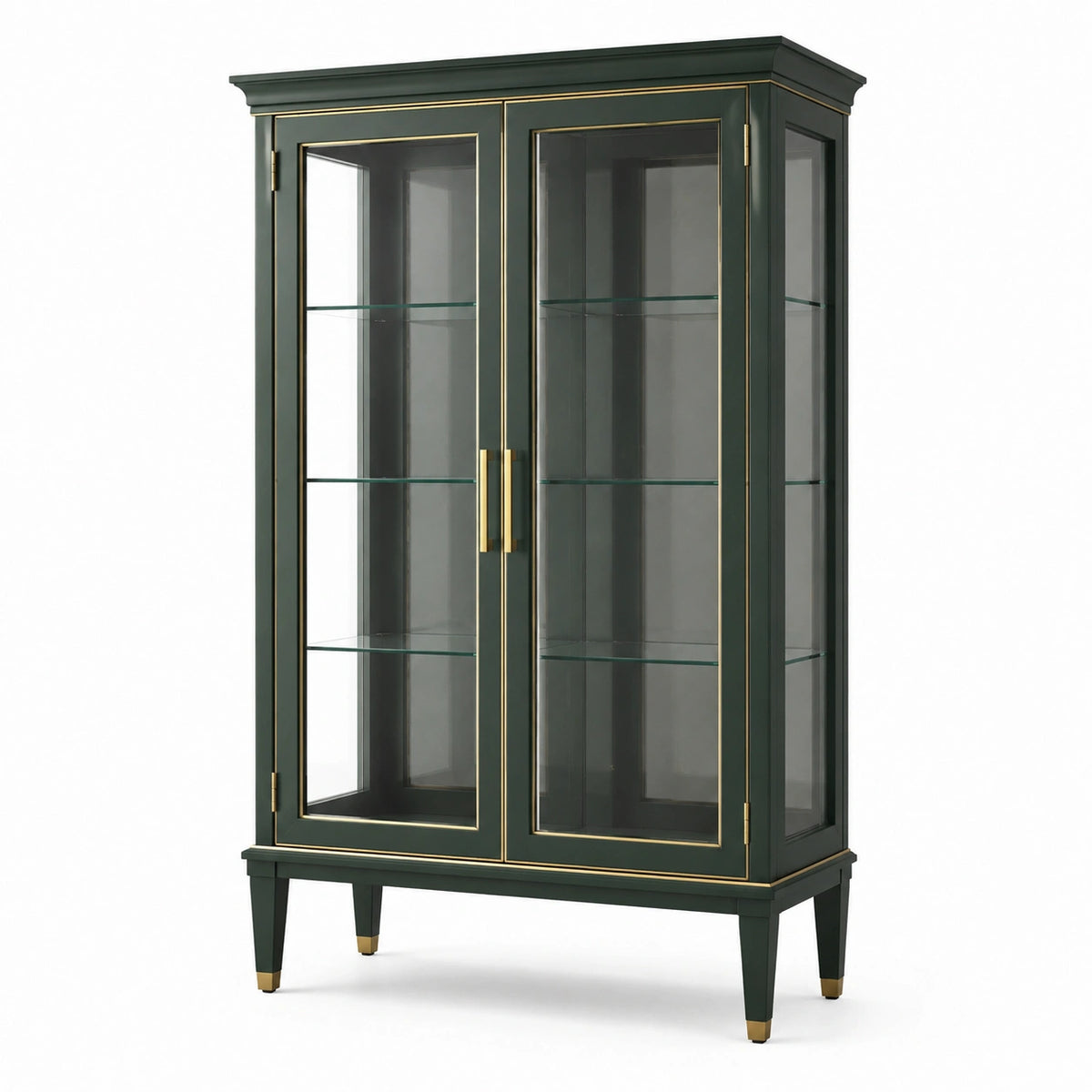 Vitrine de rangement à 2 portes vitrées et 3 tablettes, vert foncé et doré, 100 × 40 × 180 cm