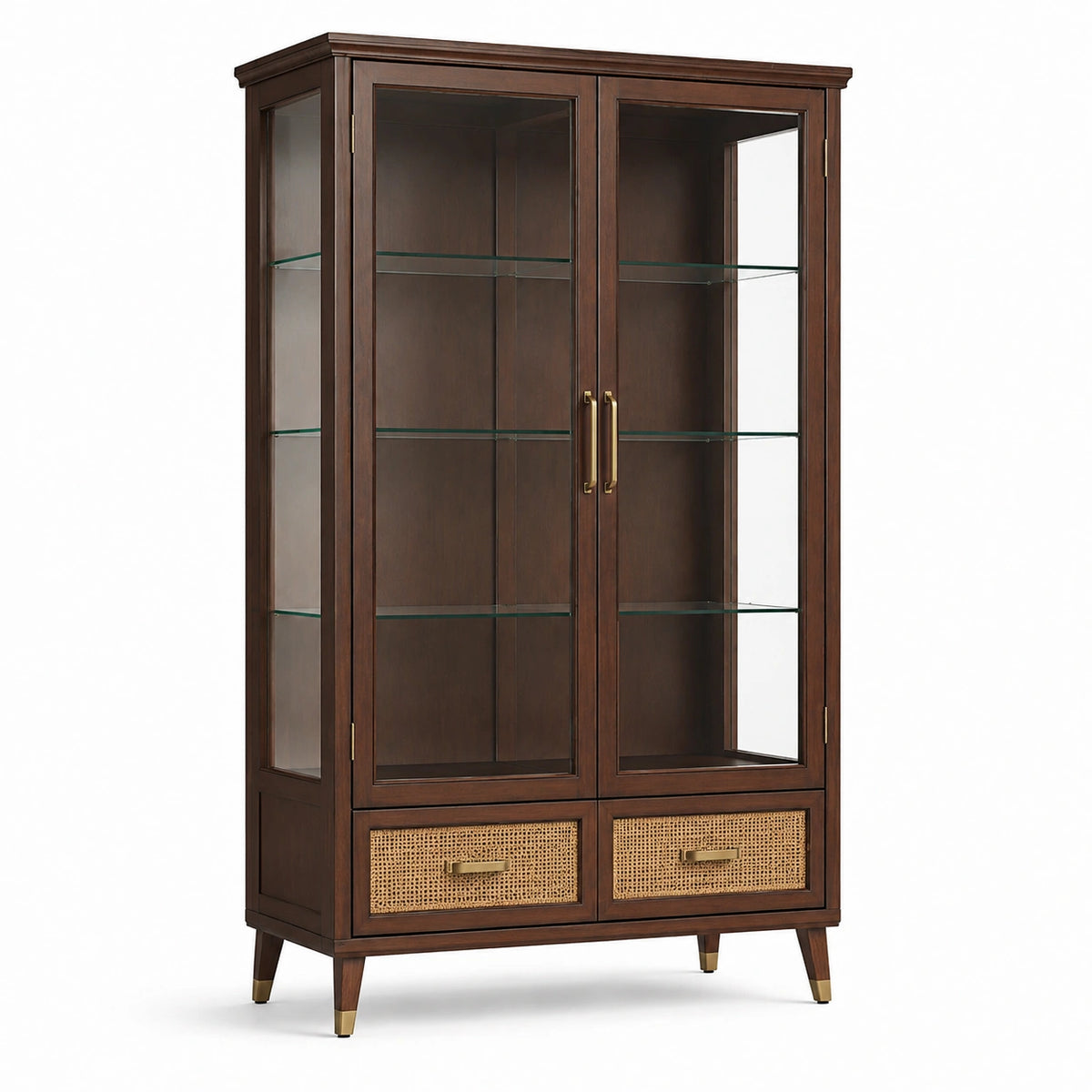 Armoire vitrée en bois brun foncé et verre, 2 portes, 2 tiroirs et 3 tablettes, 100 × 40 × 190 cm