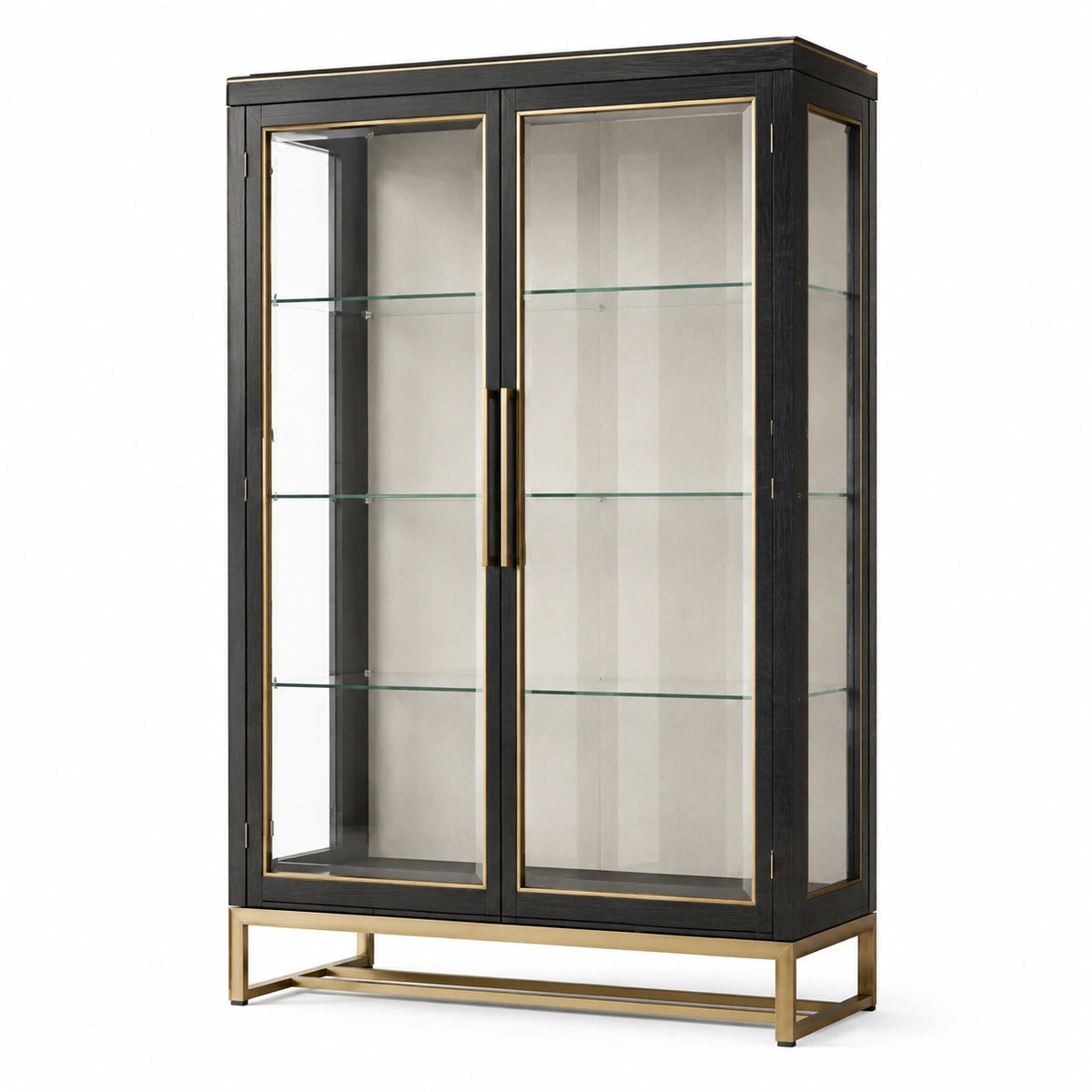 Vitrine à finition bois noir et verre transparent, détails dorés, 2 portes, 3 étagères, 110 × 45 × 190 cm