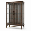 Vitrine à 2 portes en bois brun foncé et verre transparent avec détails dorés, 105 × 42 × 185 cm