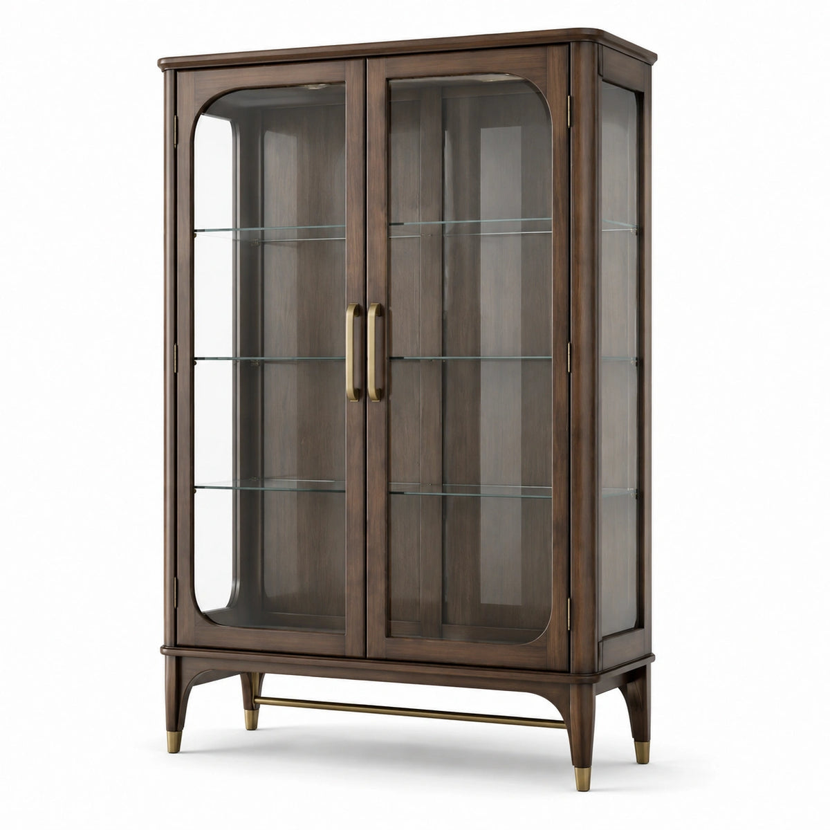 Vitrine à 2 portes en bois brun foncé et verre transparent avec détails dorés, 105 × 42 × 185 cm