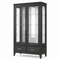 Vitrine noire en bois et verre, poignées dorées, 2 portes, 3 étagères et 2 tiroirs, 100 × 40 × 180 cm