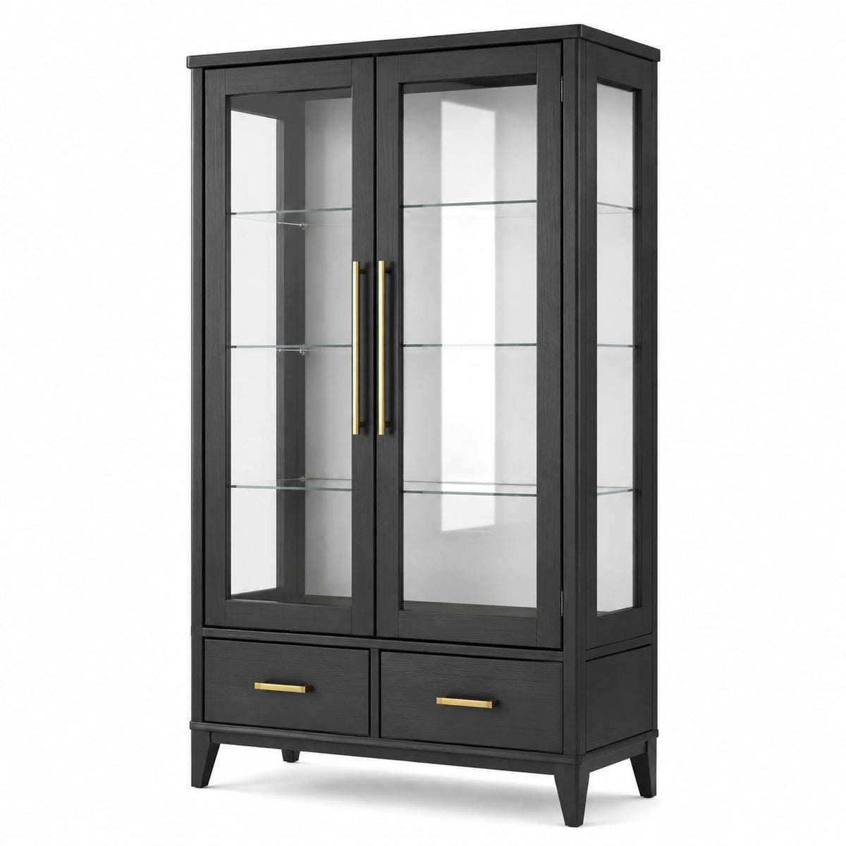 Vitrine noire en bois et verre, poignées dorées, 2 portes, 3 étagères et 2 tiroirs, 100 × 40 × 180 cm