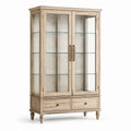 Vitrine en bois beige et verre avec 2 portes et 2 tiroirs, 110 × 40 × 190 cm, style classique