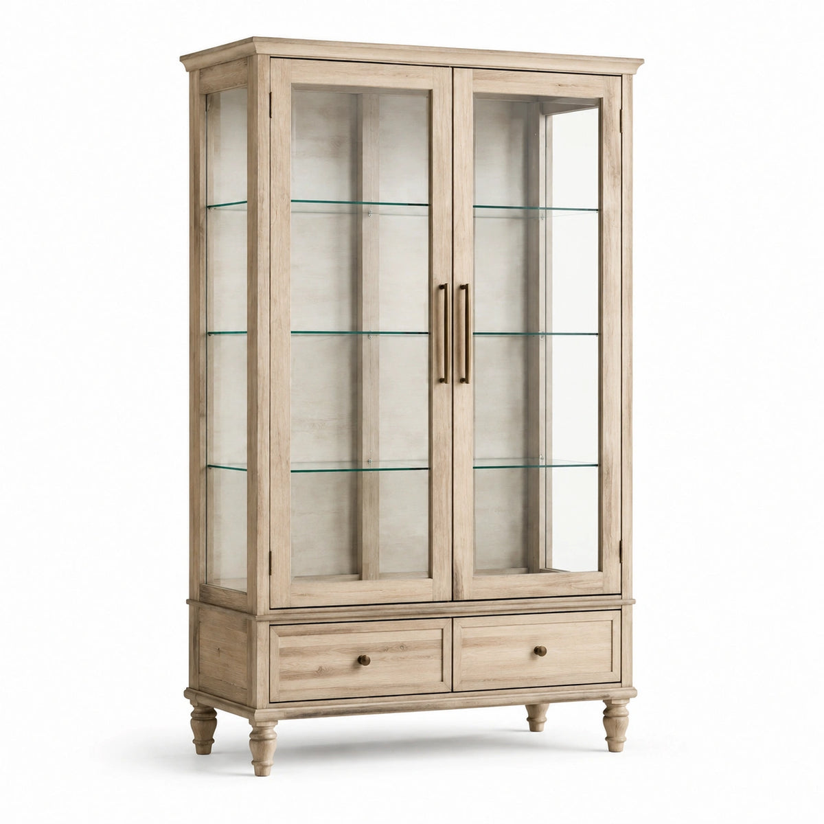 Vitrine en bois beige et verre avec 2 portes et 2 tiroirs, 110 × 40 × 190 cm, style classique