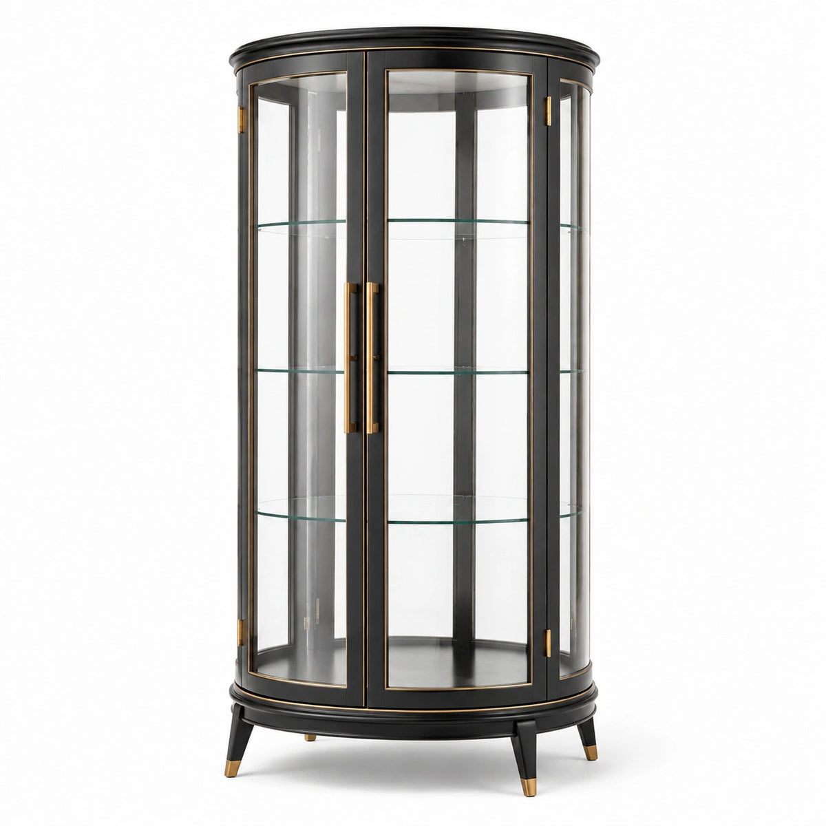 Vitrine noire et dorée en bois, verre et métal, 90 × 45 × 180 cm, 2 portes et 3 étagères