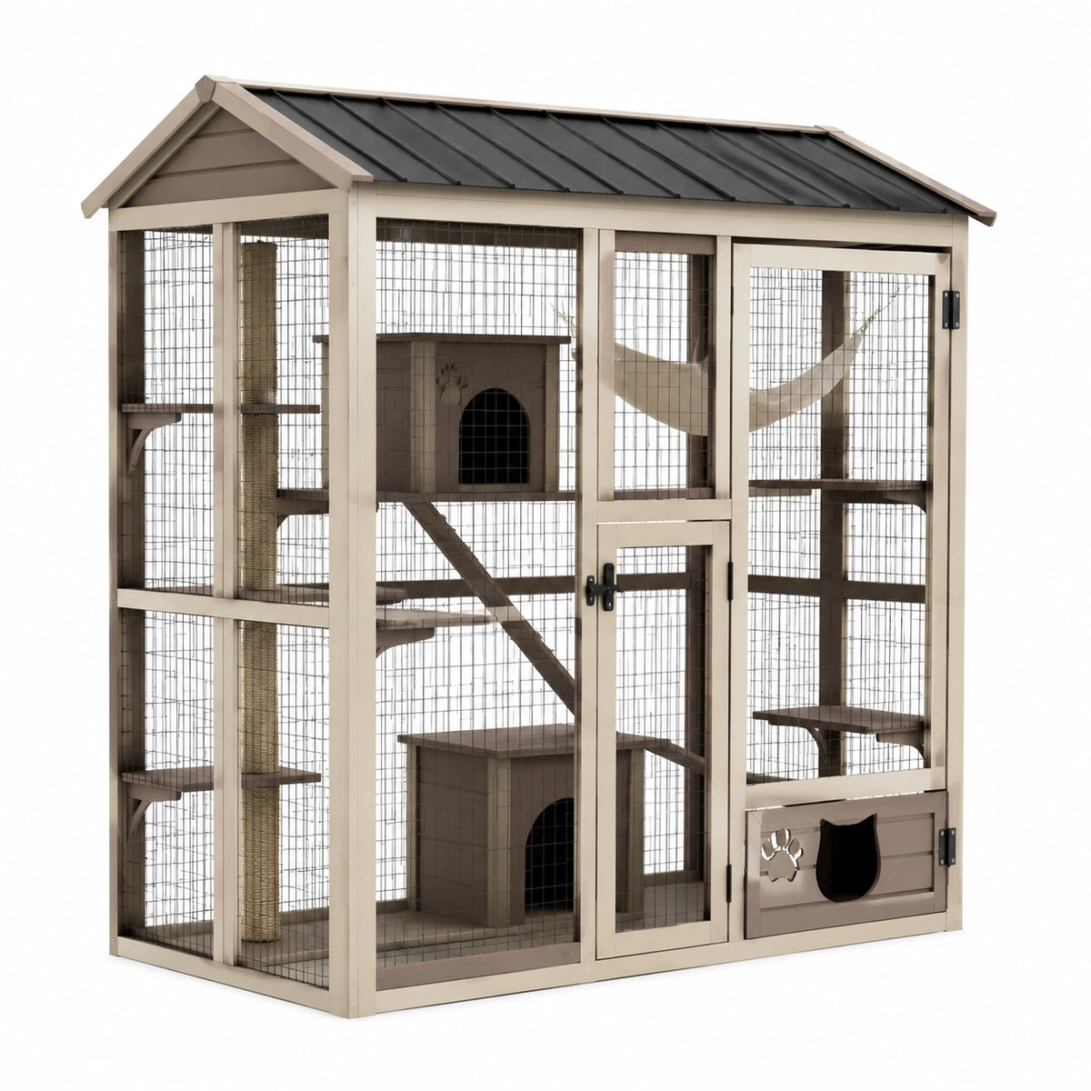 Enclos extérieur pour chat en bois beige et brun avec grillage métallique et toit noir, 180 x 100 x 190 cm