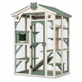 Enclos pour chat en bois blanc et vert avec grillage, maisonnette et plateformes, 120 × 90 × 180 cm