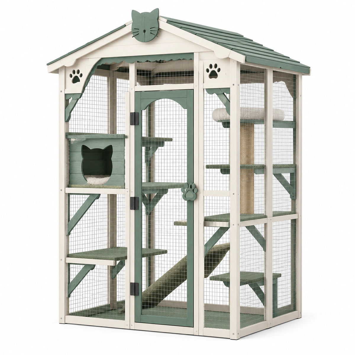 Enclos pour chat en bois blanc et vert avec grillage, maisonnette et plateformes, 120 × 90 × 180 cm