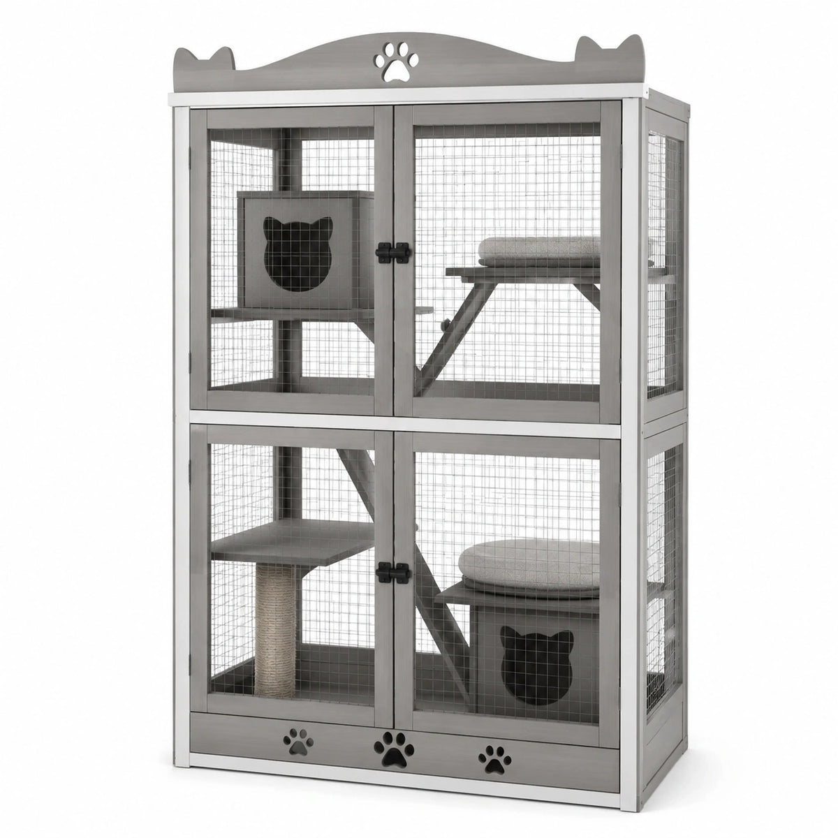 Enclos pour chat en bois gris, noir et beige avec grillage métallique, niches, plateformes et griffoir, 90 × 60 × 170 cm