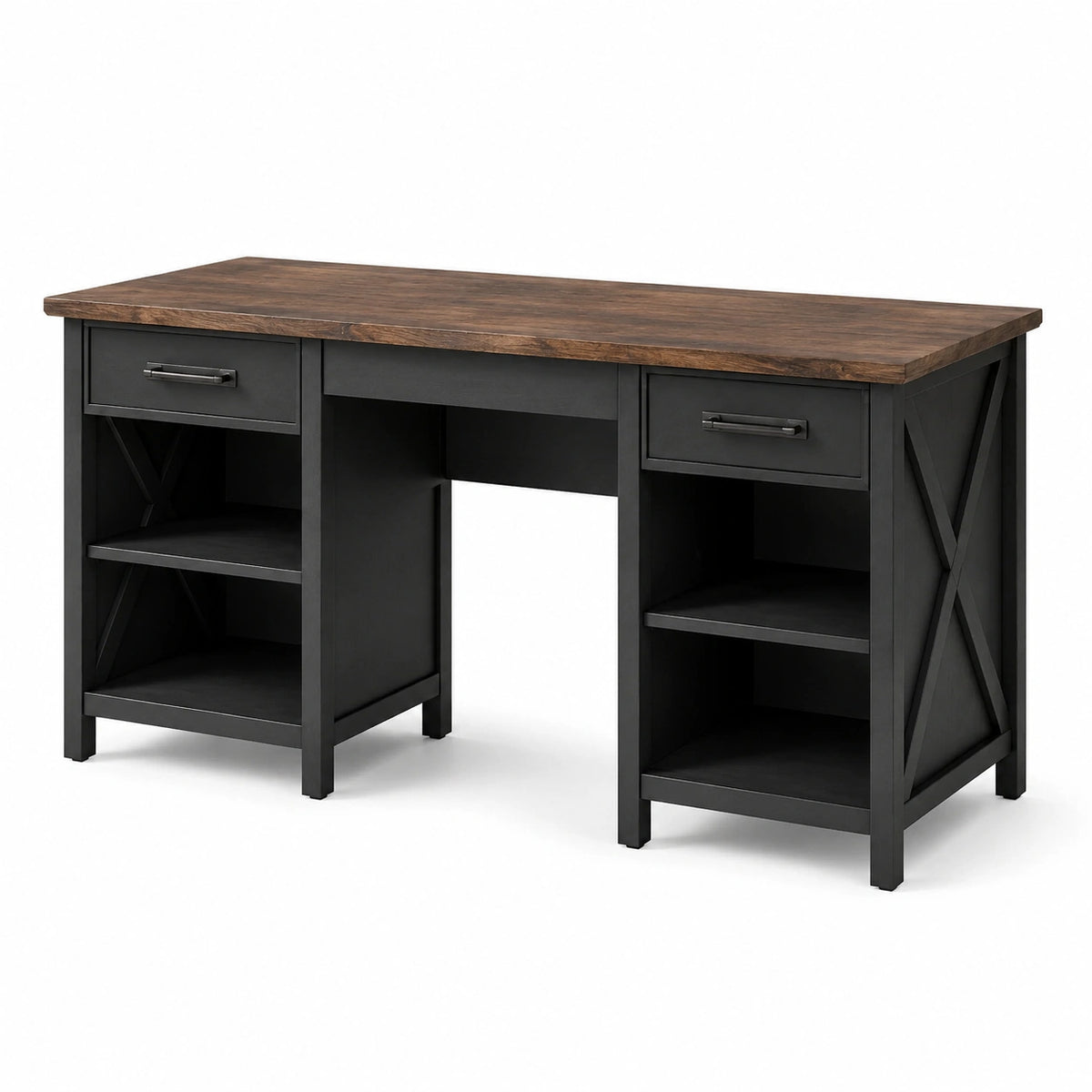 Bureau noir et marron 140 × 60 × 76 cm avec 2 tiroirs et 4 niches
