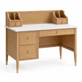 Bureau en bois naturel et blanc avec cannage et 5 tiroirs, 120 × 60 × 120 cm