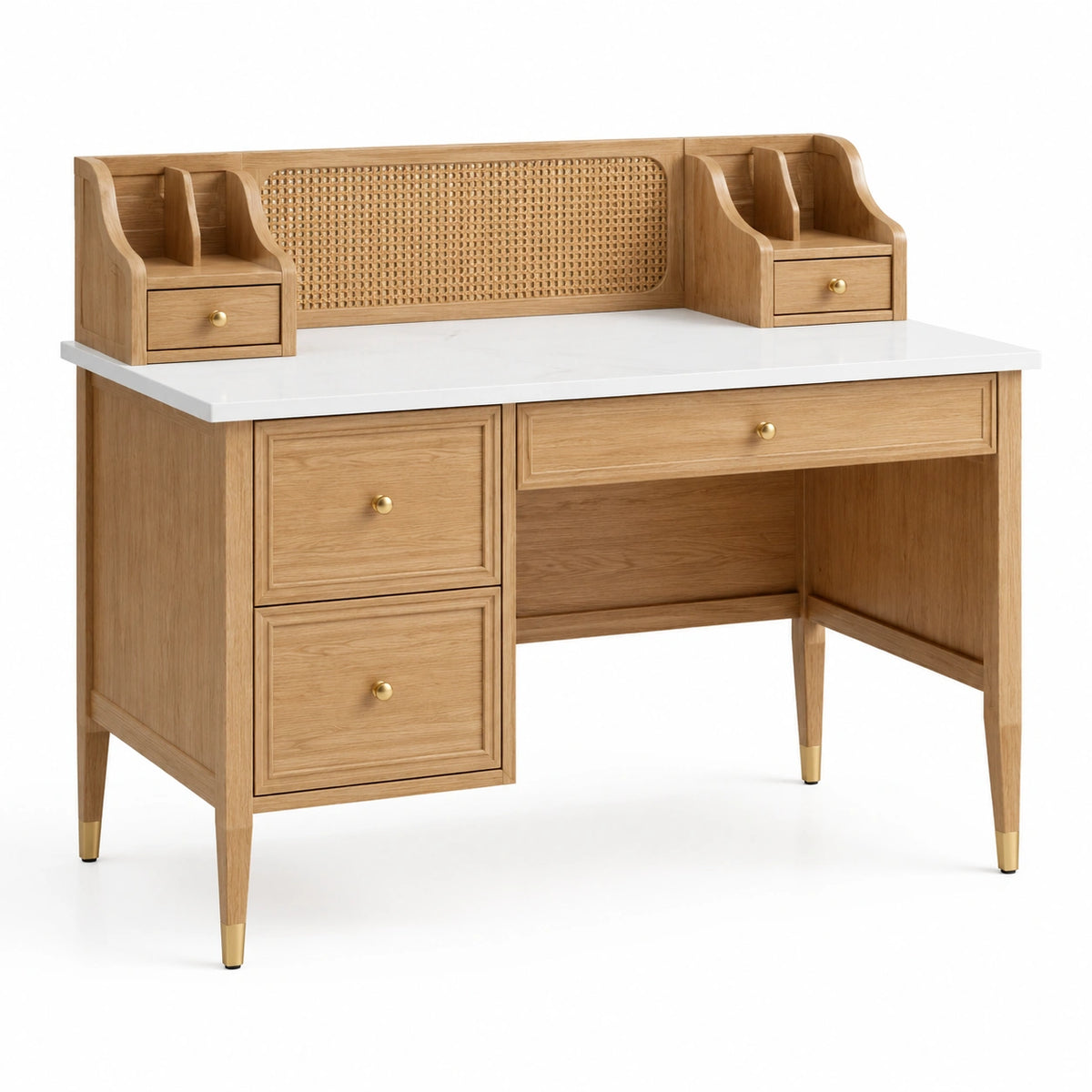 Bureau en bois naturel et blanc avec cannage et 5 tiroirs, 120 × 60 × 120 cm