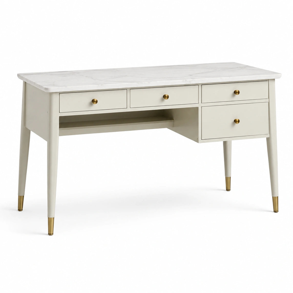Bureau blanc 120 × 55 × 76 cm avec plateau effet marbre, détails dorés et 4 tiroirs