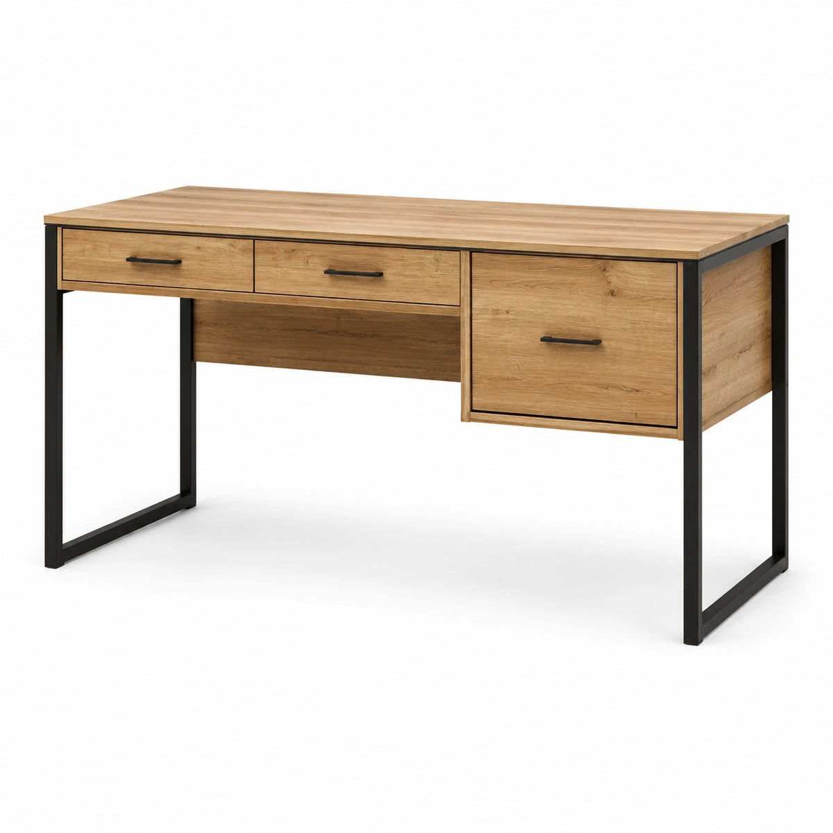 Bureau industriel avec rangements, 2 tiroirs et 1 compartiment, 140 × 60 × 76 cm, chêne naturel et noir
