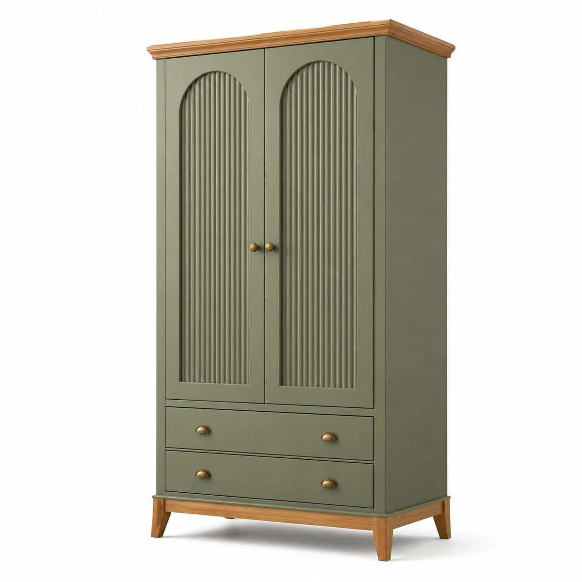Armoire en bois vert sauge et bois naturel avec détails dorés, 2 portes et 2 tiroirs, 100 × 55 × 190 cm