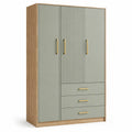 Armoire contemporaine à 3 portes et 3 tiroirs, vert sauge et chêne, 120 × 50 × 190 cm