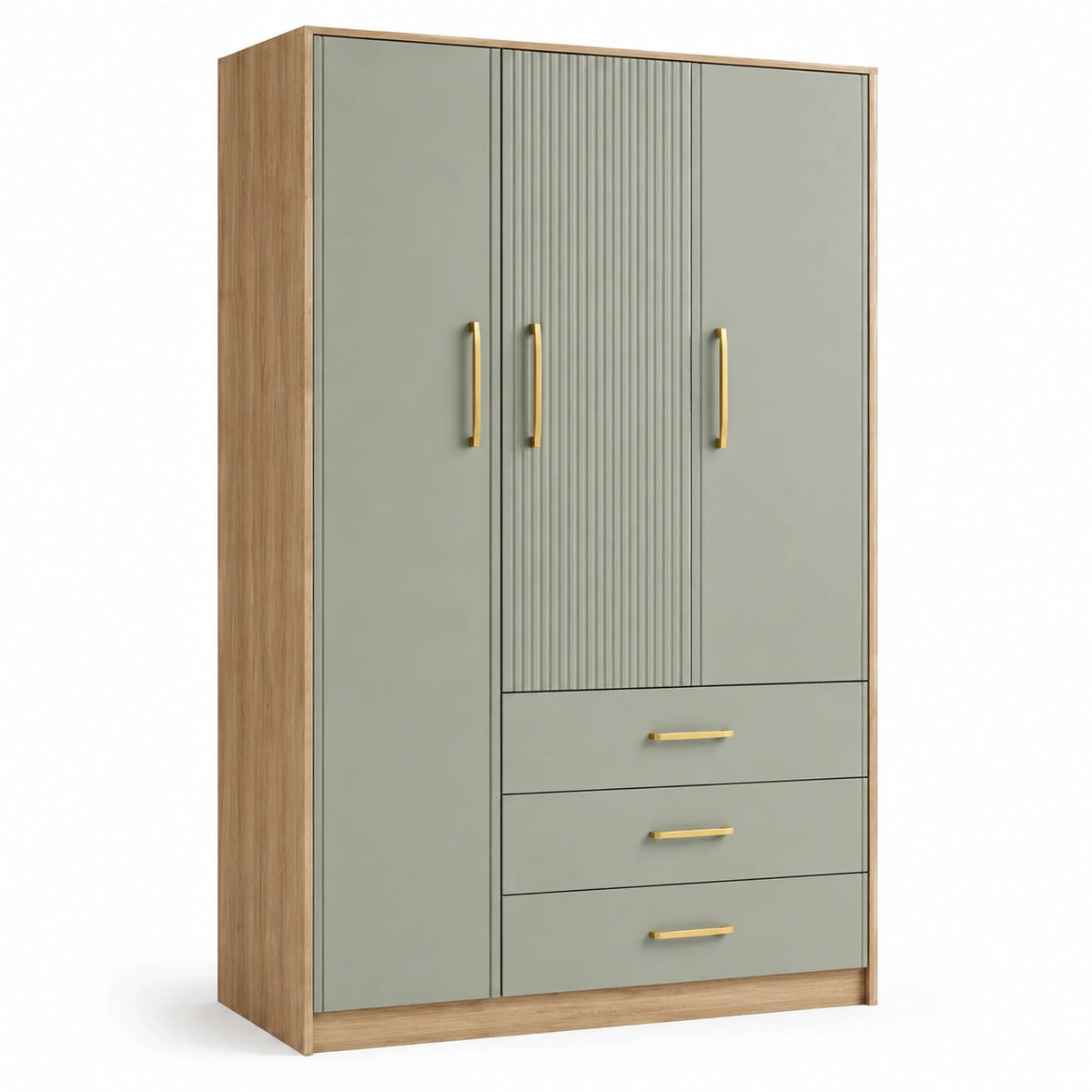 Armoire contemporaine à 3 portes et 3 tiroirs, vert sauge et chêne, 120 × 50 × 190 cm