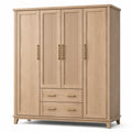 Armoire 4 portes et 2 tiroirs effet chêne clair avec poignées couleur laiton, 200 × 58 × 220 cm