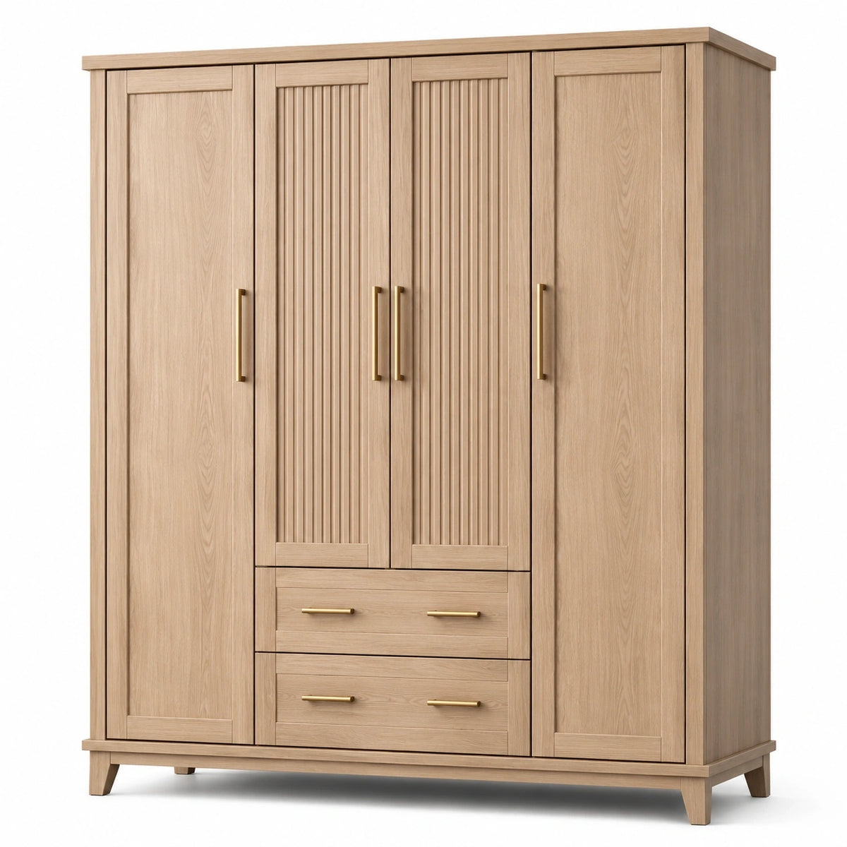 Armoire 4 portes et 2 tiroirs effet chêne clair avec poignées couleur laiton, 200 × 58 × 220 cm