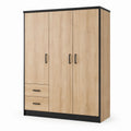 Armoire à 3 portes et 2 tiroirs, effet chêne clair et noir, 150 × 55 × 200 cm