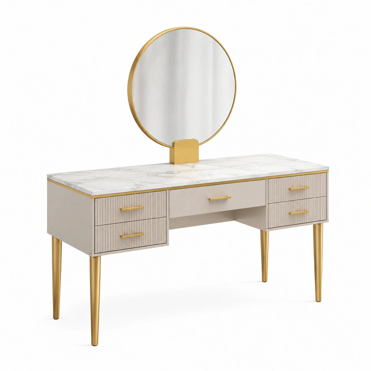 Coiffeuse avec miroir rond et 5 tiroirs, 120 × 45 × 135 cm, gris clair, blanc effet marbre et doré